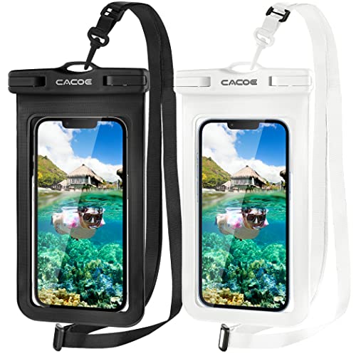 CACOE [Not Floatable] Universal Waterproof Phone case 2 Pack-Up to 7.2',Waterproof Phone Pouch with Adjustable Neck Lanyard,IPX8 Cellphone Dry Bags for Vacation Beach（Black+White）