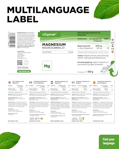 vit4ever Magnesium Malat - 365 Kapseln - 2000 mg davon 300 mg elementares Magnesium je Tagesportion - 4 Monatsvorrat - Hochdosiertes Magnesiummalat - Ohne Zusätze - Vegan