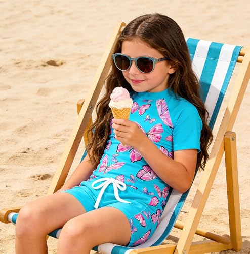 Image of Lovekider Girls Swimsuits Two Piece Rash Guard Set Short Sleeve Bathing Suit Liner Swimwear with Sun Protection 3-12T