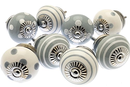 Set aus Whisper Grau & Weiß Punkte und Streifen Keramik Schrank Knöpfe X Pack 8(mg-278)-'Mango Baum' TM eingetragenes Produkt Cover