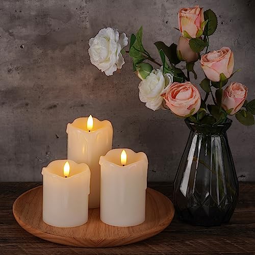 Image of Homemory Dripping Wax Flameless LED Pillar Candles, Battery Operated with Remote Control and Timer, Set of 3, 5 inch H x 4 inch W x 6 inch D