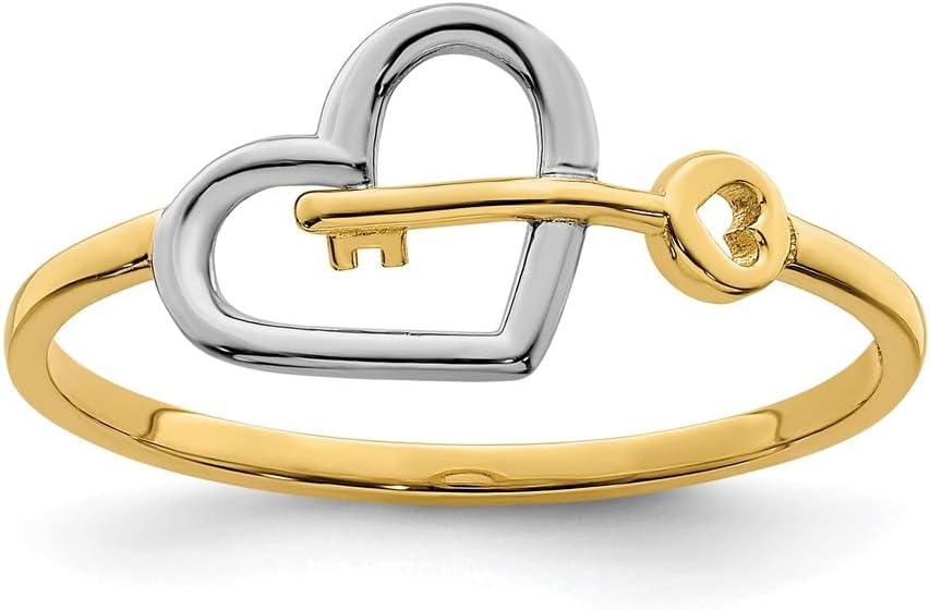 Diamond2Deal 14k Yellow Gold and Rhodium Heart and key Ring Size-7