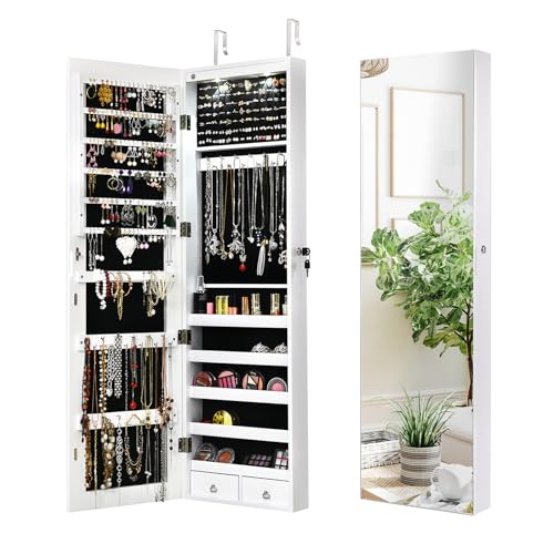 NAFORT 2 LEDs Mirror Jewelry Armoire, 47.5' H Door or Wall Mounted Jewelry Cabinet with Frameless...