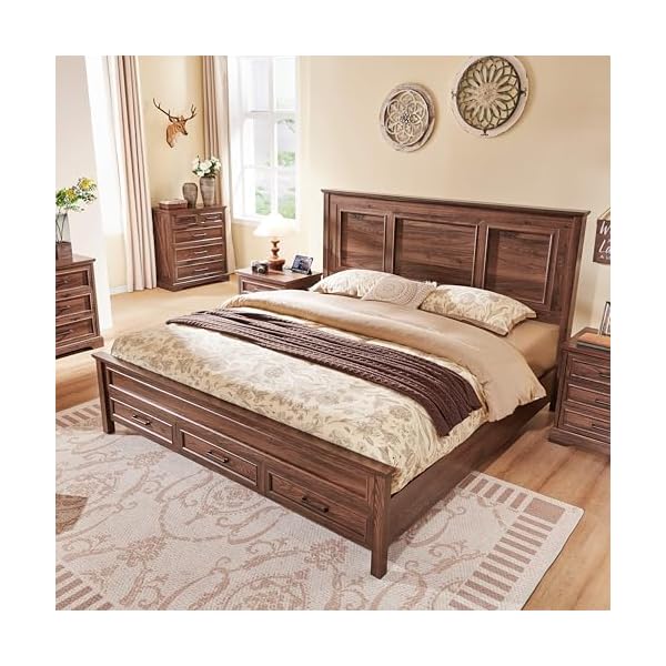   JXQTLINGMU-Farmhouse-King-Wood-Bed-Frame-with-52-Tall-Headboard-Footboard-Platform-Bedframe-with-Hidden-Storage-Drawers-Noiseless-No-Box-Spring-Required-Antique-Brown