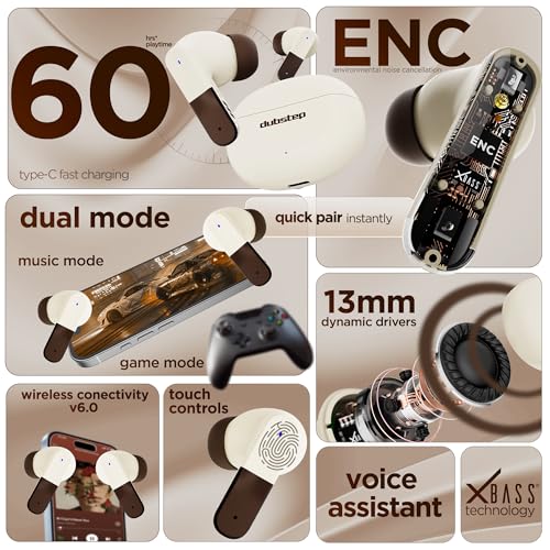 Image of Dubstep Buzz X12 TWS Earbuds, 60H Playtime, Bluetooth 6.0 Wireless Earbuds with ENC Noise Cancellation, 13mm Drivers, Game & Music Mode, Touch Control, Type-C Fast Charging (Beige)