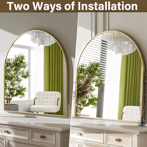 Image of HARRITPURE 26 inchx28 inch Arched Bathroom Mirror, Wall Mounted Mirror, Gold Arch Mirror, Aluminum Alloy Frame Wall Mirror for Living Room, Bedroom and Entryway