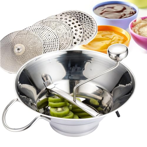 Moulin à légumes professionnel en acier inoxydable | Broyeur à légumes manuel de 30 cm avec 5 disques pour réaliser des purées onctueuses, des...