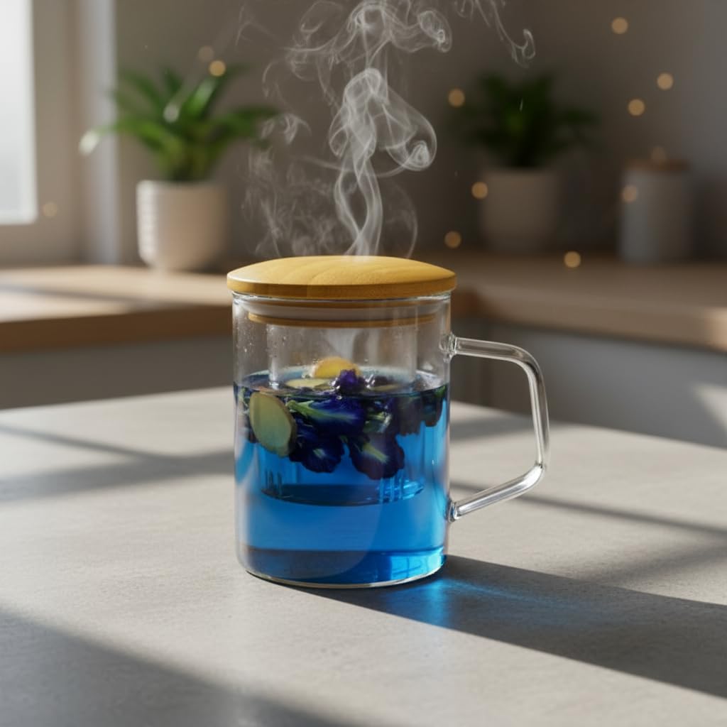 Deconox Bambu Kapaklı Cam Süzgeçli Kupa 350 ml | Bitki Çayı, Demleme Çay ve Kahve Kupası | Borosilikat Isıya Dayanıklı Cam | Düz Model