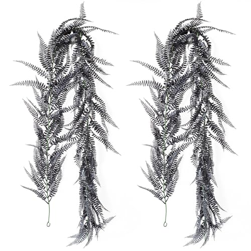 Shirfloral 2pcs Boston Ferns Garland Artificial Hanging Plants 5.9 Ft Greenery Garland Faux Ferns Fake Vines for Outdoor Indoor Home Garden Decoration Party Table Wall Decoration (Black)