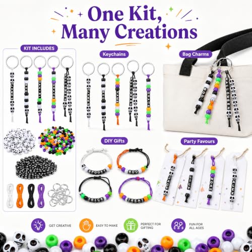 Kit de llaveros de Halloween Suny Smiling con 556 cuentas de calaveras y letras para manualidades 3
