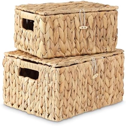 MOOKOMI set of 2 wicker basket with lid - water hyacinth storage baskets, woven basket with lid for organizing, rectangular wicker storage basket with handles