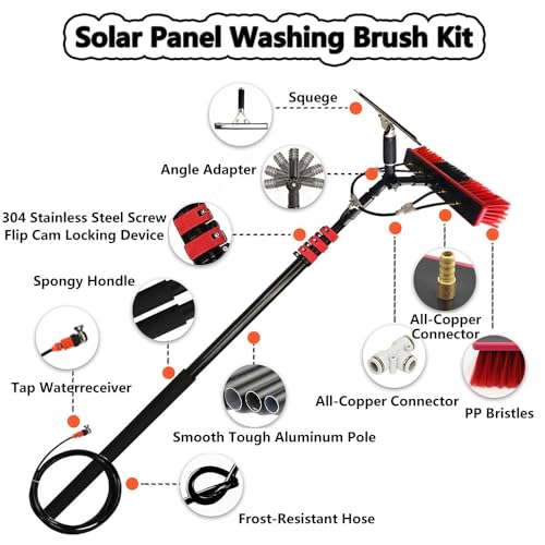 Kit professionale con asta di alimentazione dell'acqua da 35 cm con spazzola rotante a 180° e tubo espandibile da 20 m, perfetto per la pulizia di pannelli solari e finestre