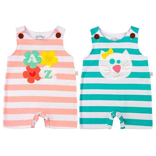 Kit 2 Macacões Bebê Sem Manga – Listrado com Estampa de Flores e Gatinha Branco