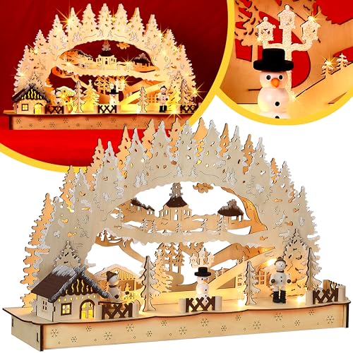 Monzana Arco Decorativo Natalizio Legno Luce LED Illuminazione Batteria Timer Villaggio Invernale 3D