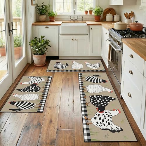 Nesphy Rooster Beige Kitchen Rugs Sets of 3, Non Slip Washable Farmhouse Kitchen Mats for Floor, Chicken Rustic Area Runner Rug for Laundry Room and Hallway by Nesphy - Used condition - Image 3