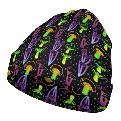 Psychedelic Magic Glowing Mushroom Kids Beanie Hat for for Girls Boys Children Cap Winter Knitted Chemo Cancer Headwear Accessories Gifts Decoration Black