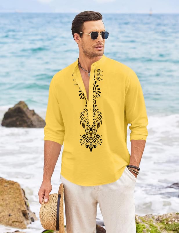 Image of FINIVO FASHION Men's Cotton Blend Short Kurta with Bold Printed Front Design | Full Sleeve Ethnic Casual Kurta with Mandarin Collar | Artistic Festival & Travel Wear for Modern Ethnic Style