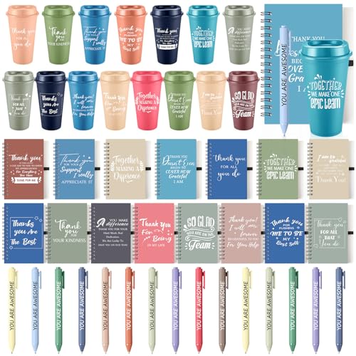 AmazingSpark 45 Pcs Employee Appreciation Gift Bulk 16 oz Plastic Tumbler Cups with Lid Notebooks Pens Bulk Thank You Gifts for Housekeeping Week Christmas Teacher Coworker Team(Macarons,Thank You)