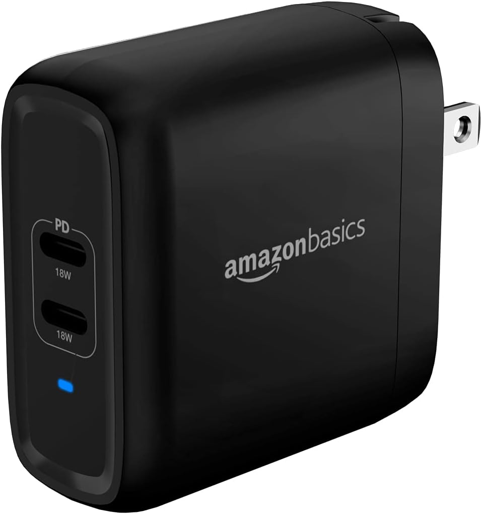 Amazon Basics 36W Two-Port USB-C Wall Charger with Power Delivery PD for Tablets & Phones (iPhone 14/13/12/11/X,iPad,Samsung)-Black (Non-PPS)