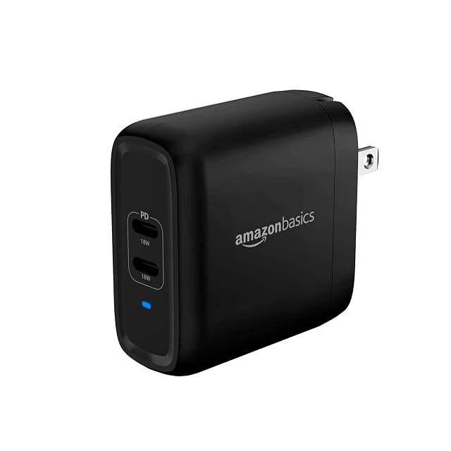 Amazon Basics 36W Dual Port USB-C Wall Charger with Power Delivery Foldable Plug for Tablets Phones iPhone 15