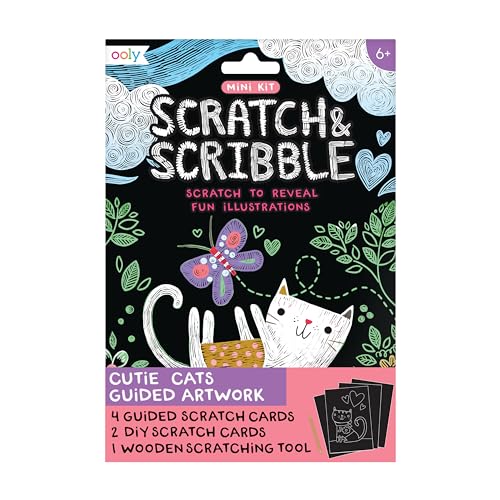 ooly mini scratch amp scribble art kit - 6 card rainbow scratch art set gifts for kids travel-friendly craft kit wooden tool included - cutie cats