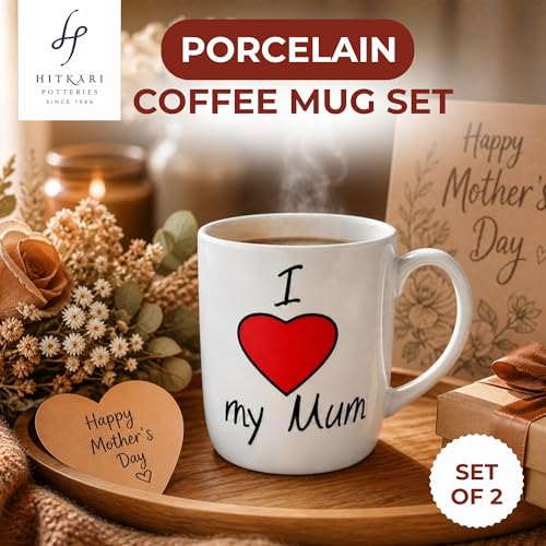 Image of Hitkari Potteries Mugs Set of 2 300ml | Coffee Cups & Mug for Women | Porcelain Coffee Mugs for Morning & Evening | Tea Mugs for Gift Birthday | Mug for Mom | I Love You Mum