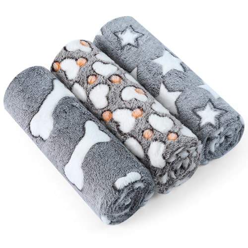 COMSLE Coperta per Cani Cane Gatto Lavabile Durevole, 3 Pezzi, Coperte per Cani in Morbida e Calda Flanella, Copertina per Cani Gatti Adatto per Cani di Piccola e Media Taglia, 40 * 60CM Osso grigio