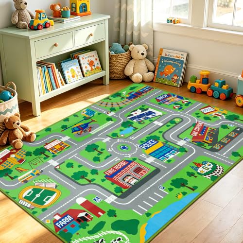 Capslpad Kinder Teppiche Spielteppich für Kinder Stadt 100x160 cm rutschfest Kinderteppich Spielmatte Maschinenwaschbar Kurzer Flor Pädagogischer Spielteppich für Kinderzimmer Spielzimmer Dekor