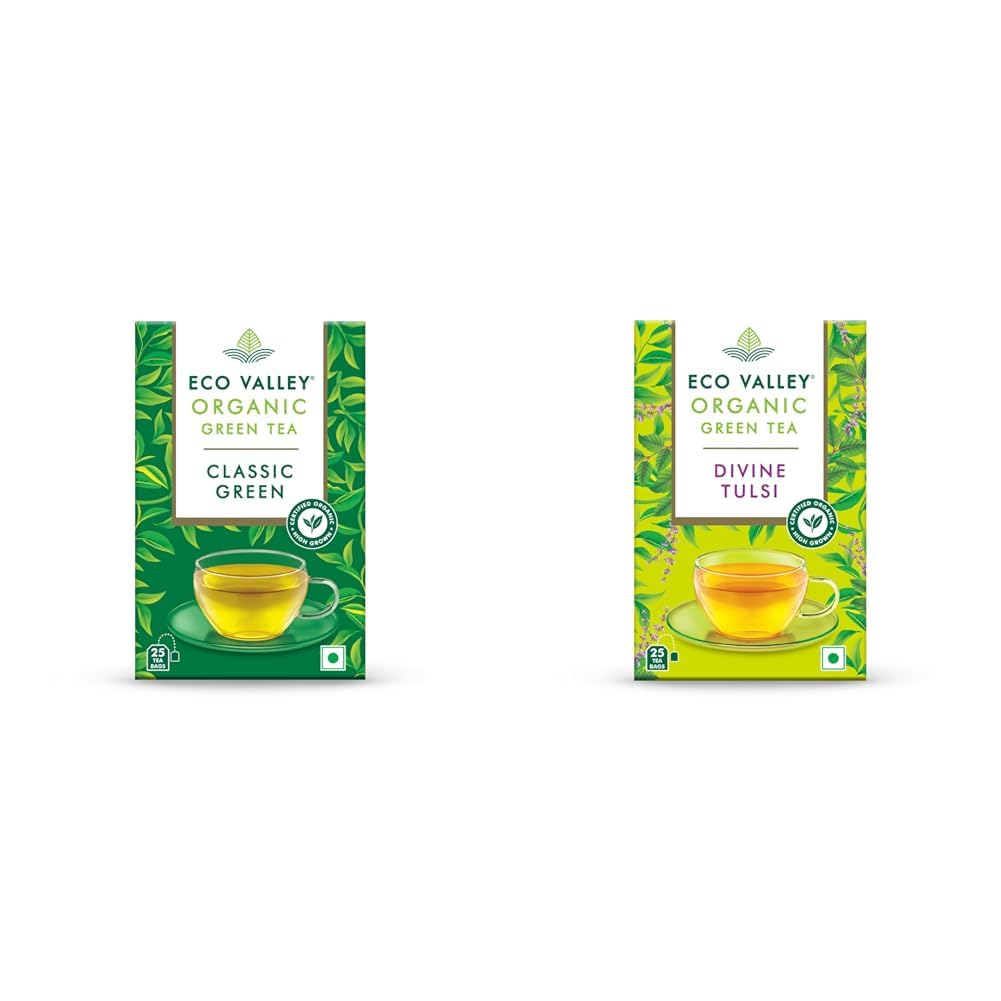 Eco Valley Organic Green Tea Classic + Divine Tulsi, Grown in Nilgiris, Zero Calories, Rich in Antioxidants, Good for Digestion, 25 Tea Bags, 50 gm - Pack of 2