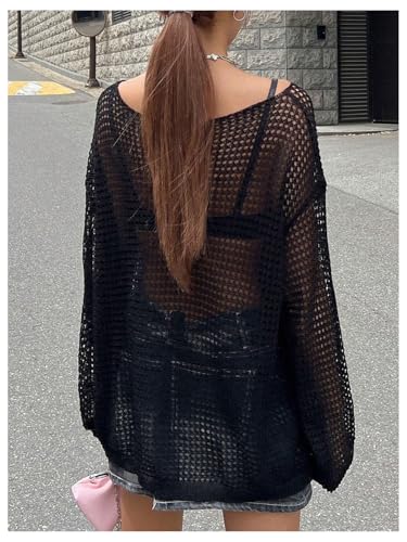 SweatyRocks Women's Oversized Long Sleeve Sheer Knit Sweater Tops Y2K Hollow Out Pullover Coverups3