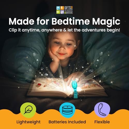 Image of Gifts for Readers & Writers Book Light for Kids, Clip On Reading Light for Bed, 2in1 Flexilight Pals & Bookmark, Small & Lightweight with a Soft Glow, 2 Batteries Included, Bookworm Teal