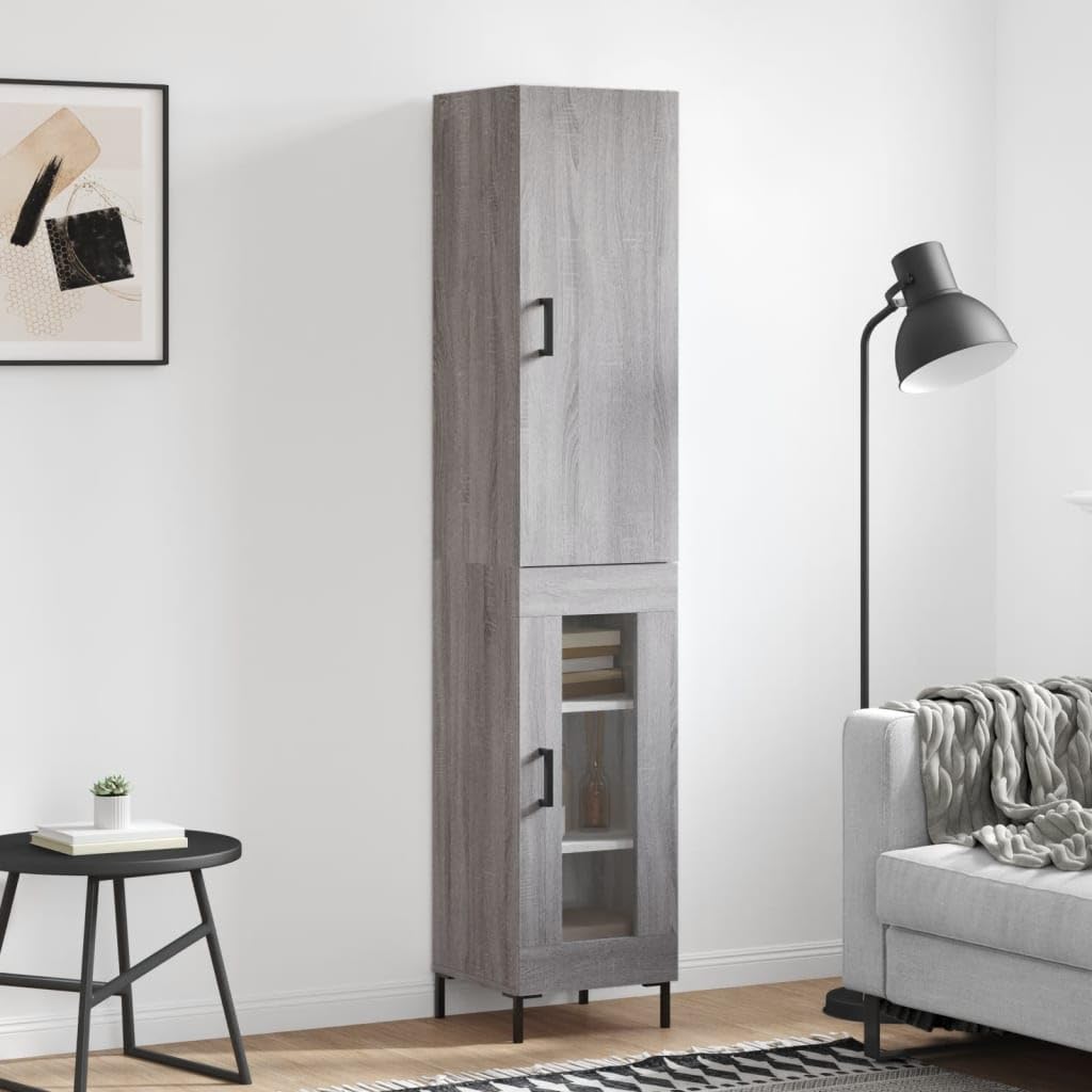 Wysoki kredens Sonoma szara sklejka wysoki kredens z metalowymi drzwiami i nogami do organizacji domu 34,5x34x180 cm