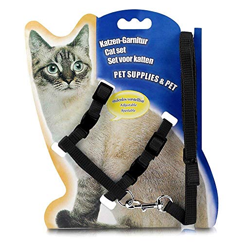 Image of Cat & Small Pet Nylon Strap Collar with Adjustable Walking Harness Leash Pet Walking for Kitten- Plain (Black)