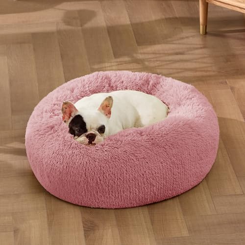 Image of Bedsure Calming Dog Bed for Small Dogs - Donut Washable Small Pet Bed, 23 inches Anti-Slip Round Fluffy Plush Faux Fur Large Cat Bed, Fits up to 25 lbs Pets, Mauve Blush