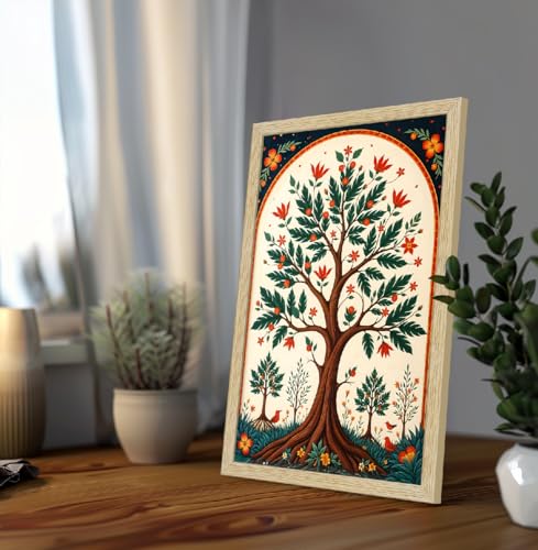 Image of ArtX Paper Madhubani Floral Art Paintings with Frame for Home Decor, Wall Paintings for Living Room, Multicolor, Natural Wood Color Frames, Set of 2