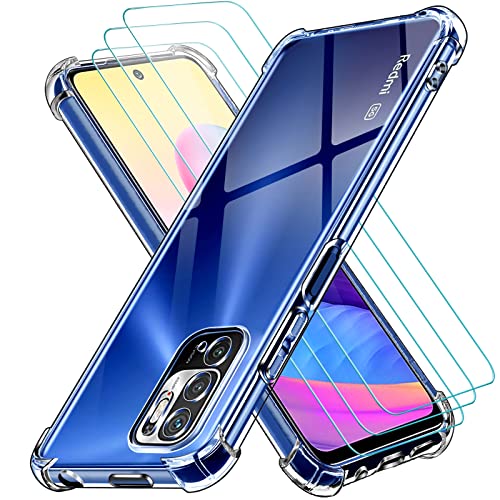 iVoler Cover per Xiaomi Redmi Note 10 5G / Poco M3 Pro (Non per Xiaomi Mi Note 10 / Redmi Note 10 4G), Antiurto Custodia con 3 Pezzi Pellicola Vetro Temperato, Morbido TPU Trasparente Silicone Case