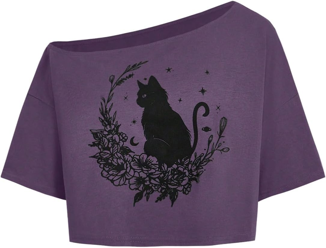 SOLY HUX Women's Plus Size Off The Shoulder Crop Tops Graphic Tees Short Sleeve Loose Fit T Shirts