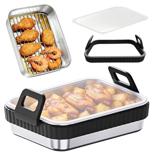 Plat Air Fryer en Acier Inoxydable Compatible avec Ni-nj-a Moule Air Fryer Résistant avec Grille Égouttante et Couvercle Étanche Accessoire Polyvalent pour Cuisson Friture et Rôtissage
