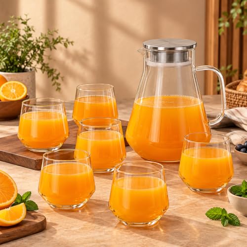 Image of bellemax 1.8 Litre Water Jug with Wooden Lid & 6 Black Juice Glasses Set | Premium Glass Water Jug Set for Home Kitchen | Juice, Water, Cold Drink Serving Set | Stylish Pitcher Set of 7 (BM-15)