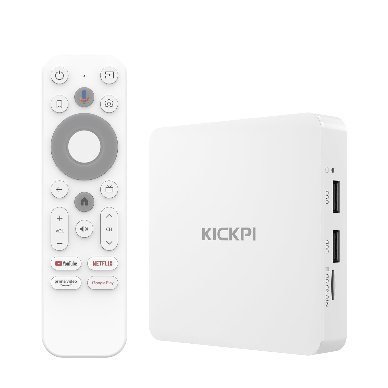 KP1 Android TV Box 2024 Google Certified 4K Streaming Device with Voice Search 2GB RAM 32GB ROM, Dolby Audio, Bluetooth 5.0 Chromecast Built-in, Smart Home Control (White)