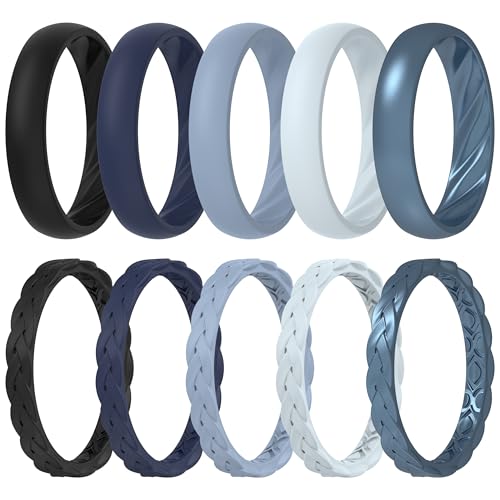 ThunderFit Braided Classic Mix Women's Silicone Rings, 1.7mm Thick Rubber Engagement Rings - Braided and 4mm Classic Rings Combo