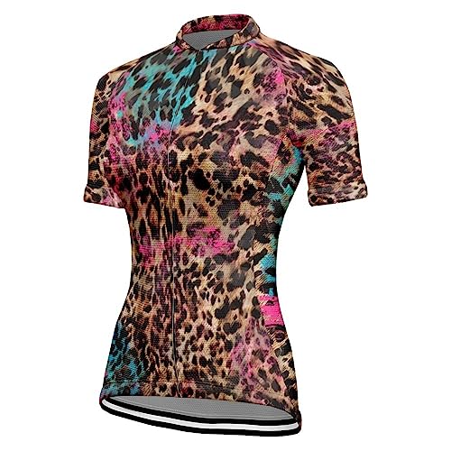 Chickwin Maillot Ciclismo Mujer Manga Corta, Estampado Leopardo Camiseta Verano Ciclismo Secado Rápido Transpirable Ropa de Bicicleta MTB con Bolsillos Jersey de Ciclismo
