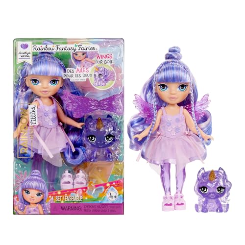 RAINBOW HIGH Littles Rainbow Fantasy Fairies & Pet - Ametista roxo, pequena boneca osável de 14 cm e animal de estimação Pégaso unicórnio de fantasia com asas de fada intercambiáveis, presente para