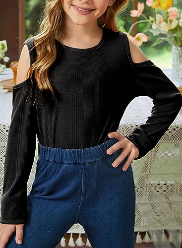 SELINK Girls Cold Shoulder Long Sleeve Top Fall Ribbed Knit Tee Shirt Casual Tunic Tops Blouse3