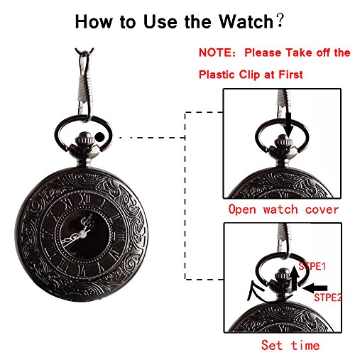 Flyproshop Pocket Watches Quartz Pocket Watch Classic Vintage Roman Numerals Pocket Watch Black Personalized Small Cool Stainless Steel Pocket Watch with Accessories Two Chains Case for Kids Men Women