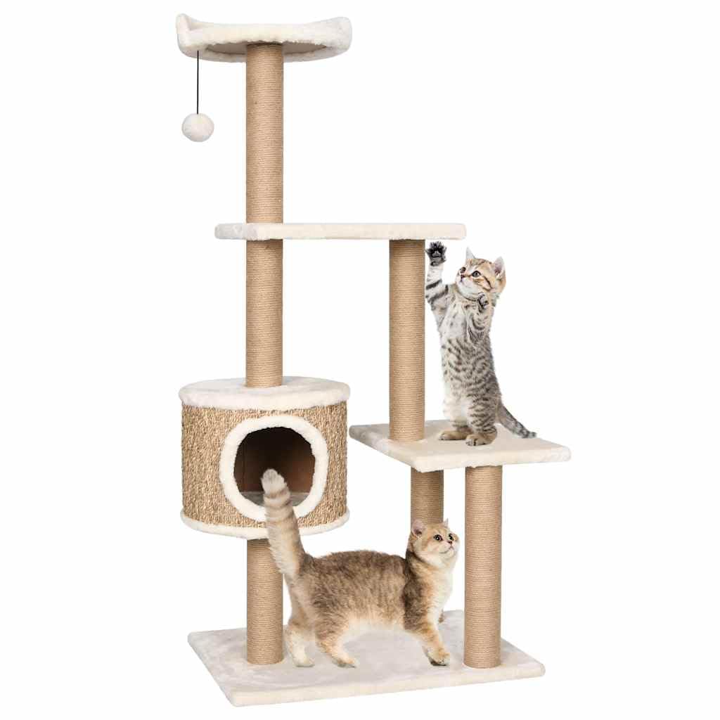 Albero per gatti 123 cm con tiragraffi in erba marina, centro giochi tutto in uno per gatti con posatoi, casa e palla sospesa