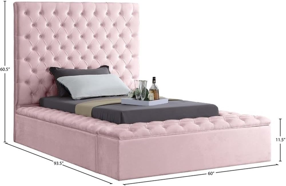 Meridian Furniture Bliss Collection Modern | Contemporary Velvet Upholstered Bed with Deep Button Tufting and Storage Compartments in Rails and Footboard, Pink, Twin