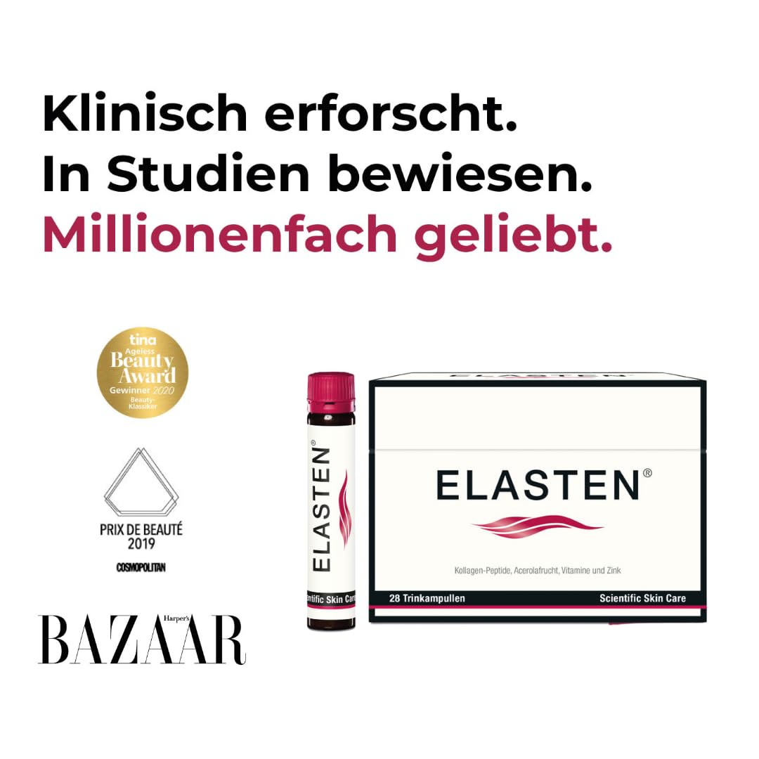 ELASTEN - Der studiengeprüfte Kollagen-Komplex für strahlende Haut von innen - Fältchen mildern - Bindegewebe stärken - 28 Trink-Kollagen-Ampullen à 25 ml