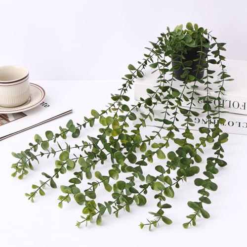 Image of TIED RIBBONS Set of 2 Artificial Hanging Plants with Pot Potted Greenery Eucalyptus Mandala Vine for Wall Home Decor Wall Pot Indoor Outdoor Office Garden Balcony Decoration Items (60 Cm Long)