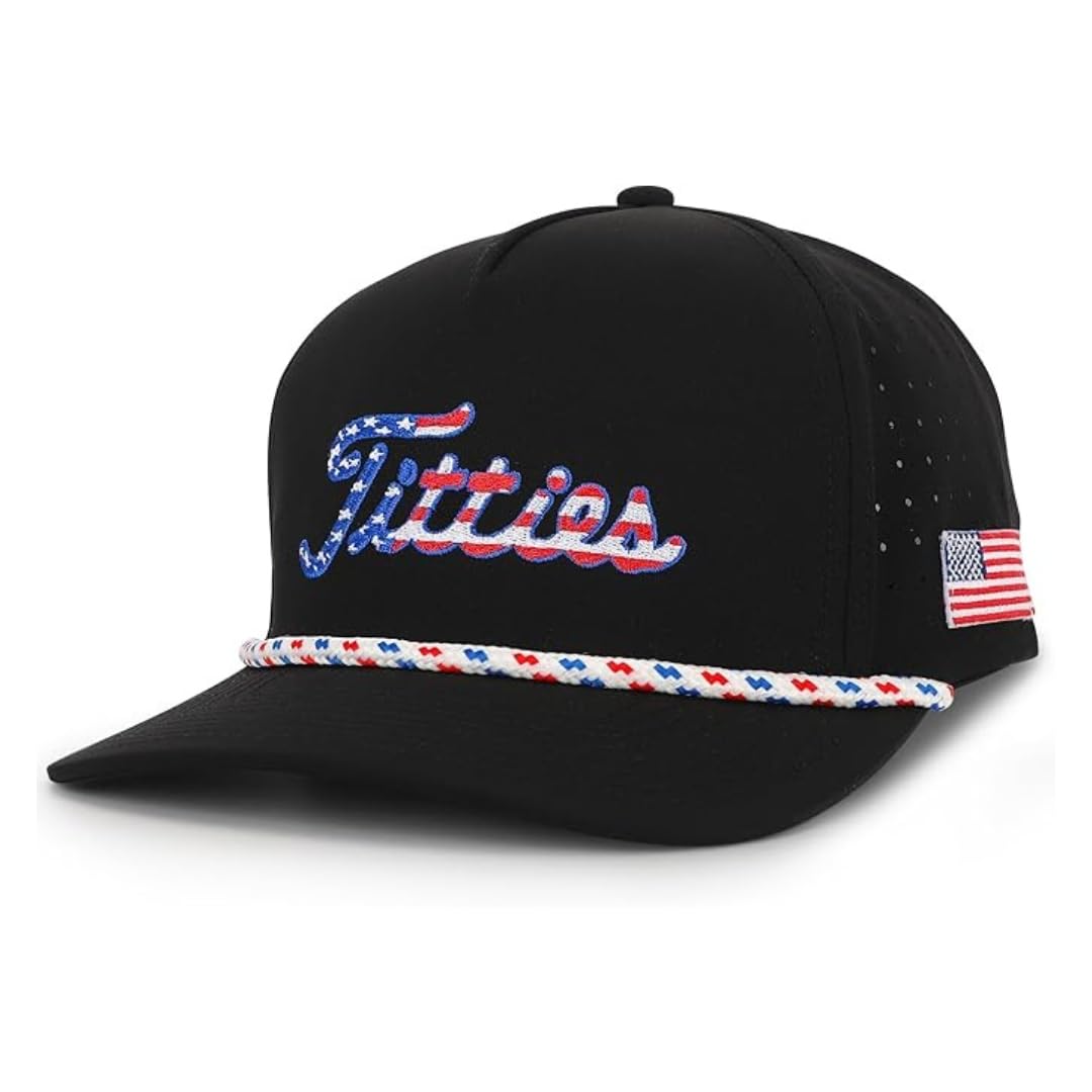 Curves &amp; Clubs Black USA Titties (Waterproof) Golf Hat for Men, Funny Golf Hat with Rope Brim, Adjustable Snapback Cap, Golf Gift for Husbands, Boyfriends, Dads, Brothers